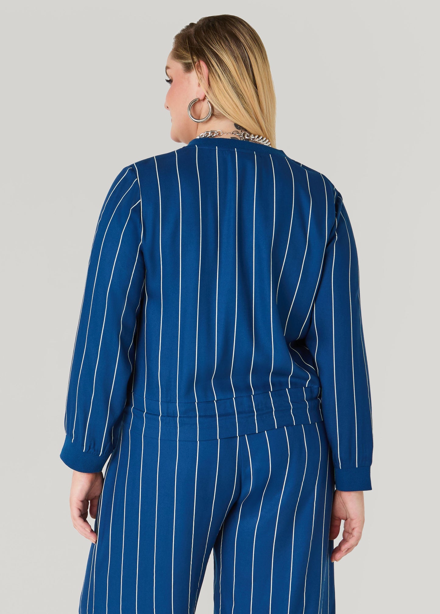 Ashley Stewart Pinstriped Zip Front Jacket Navy Peony