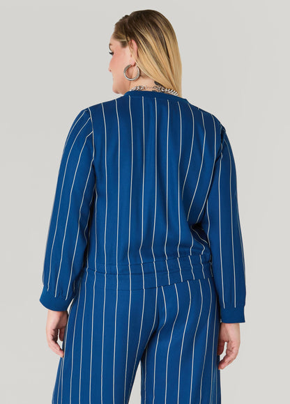 Ashley Stewart Pinstriped Zip Front Jacket Navy Peony