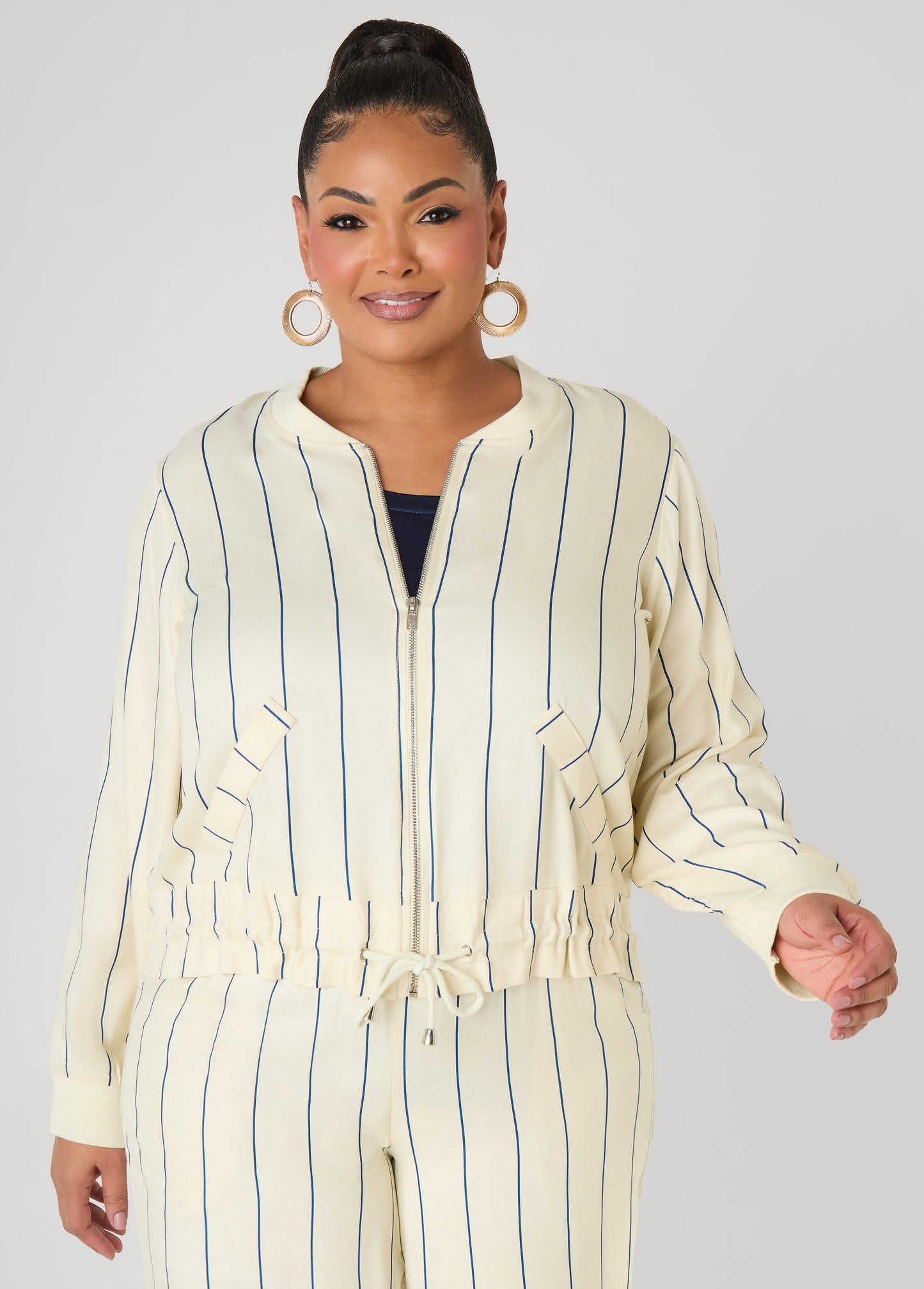 Ashley Stewart Pinstriped Zip Front Jacket Navy Peony