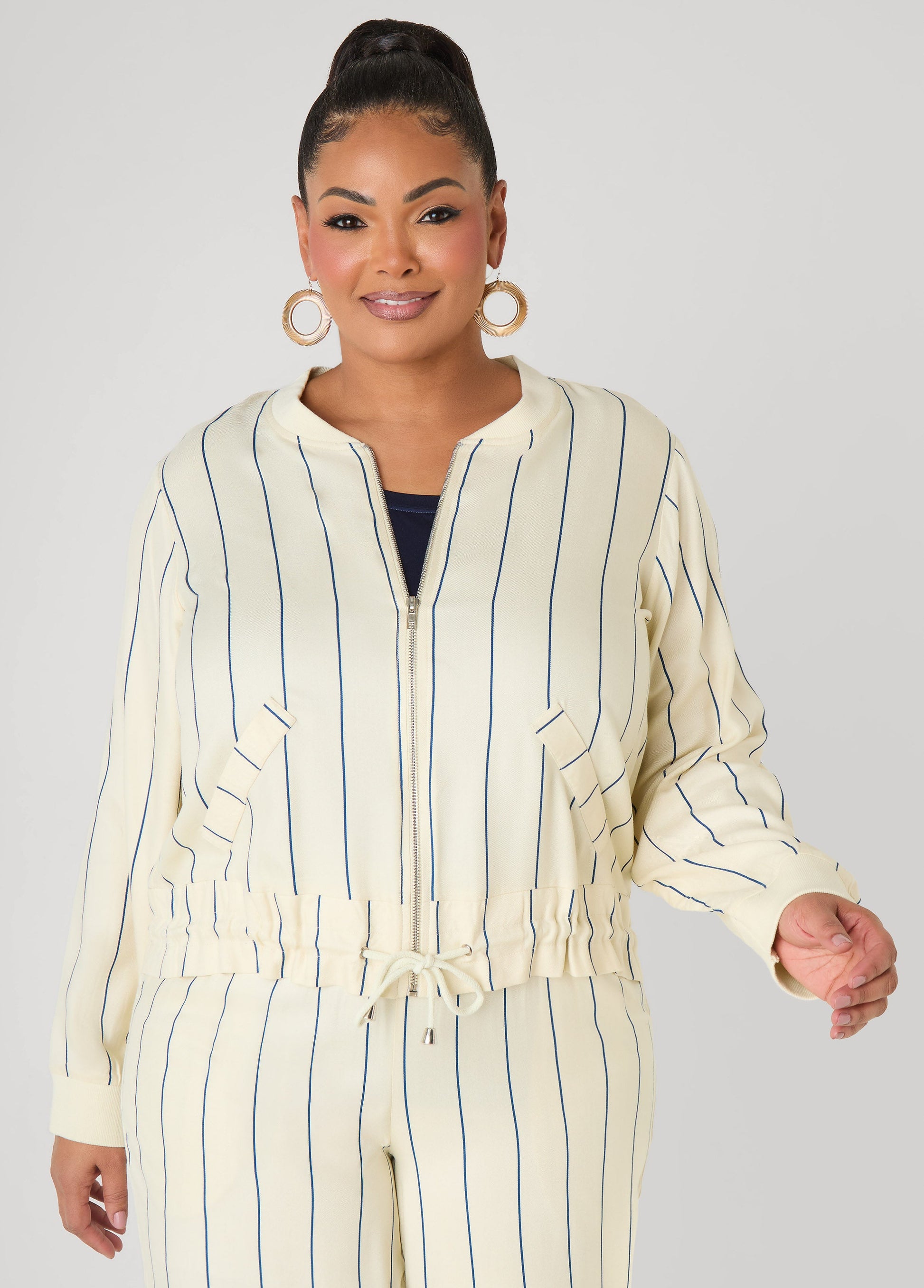 Ashley Stewart Pinstriped Zip Front Jacket Navy Peony