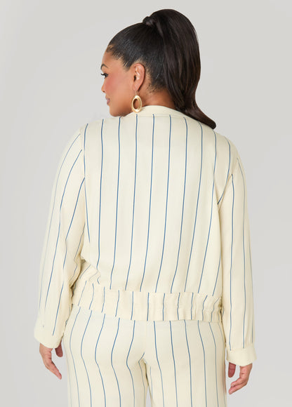 Ashley Stewart Pinstriped Zip Front Jacket Navy Peony