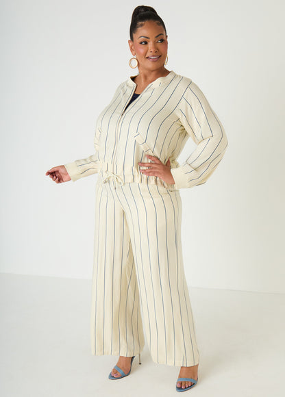 Ashley Stewart Pinstriped Zip Front Jacket Navy Peony