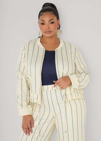 Ashley Stewart Pinstriped Zip Front Jacket Navy Peony