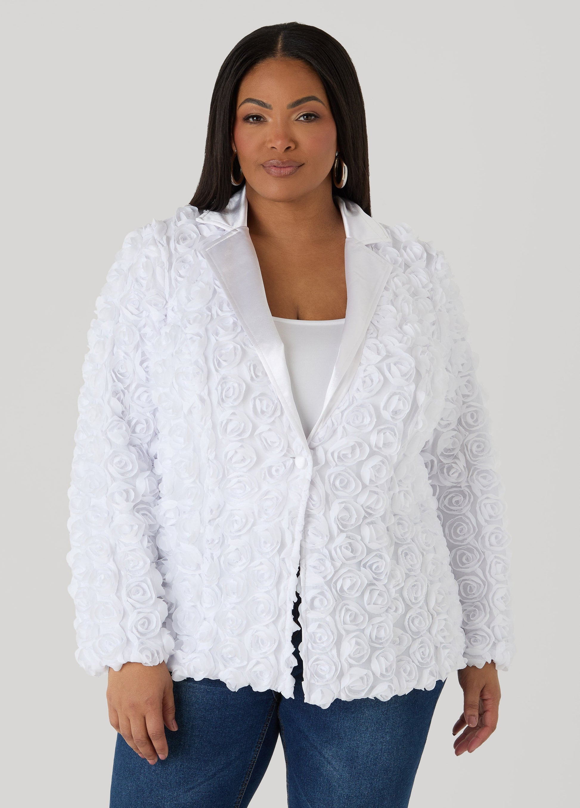 Ashley Stewart Satin Paneled Rosette Blazer White