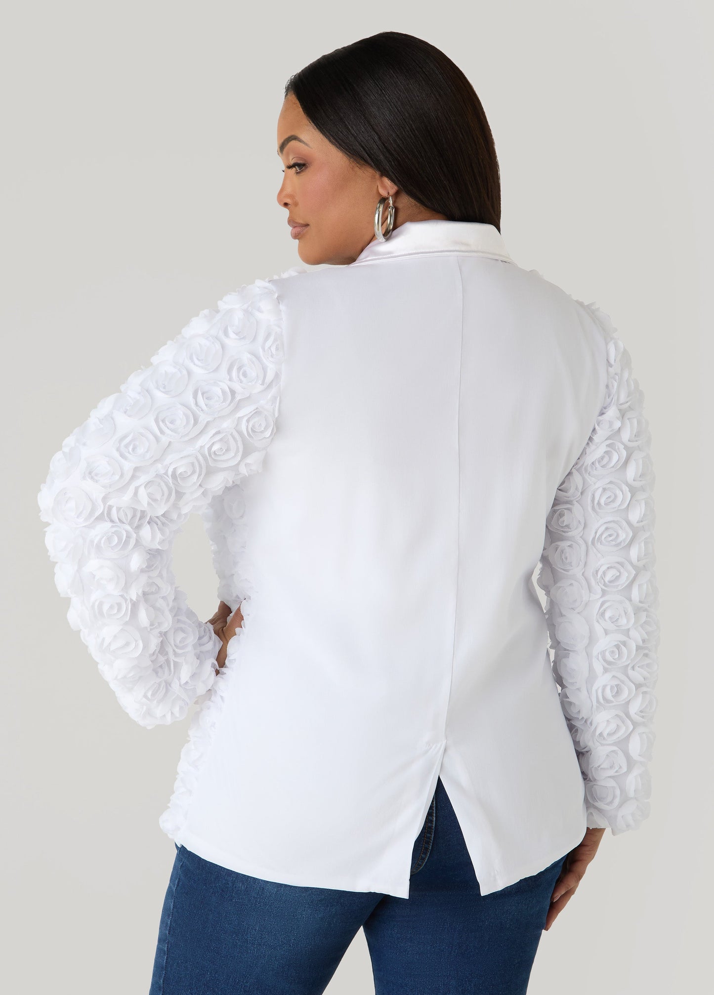 Ashley Stewart Satin Paneled Rosette Blazer White