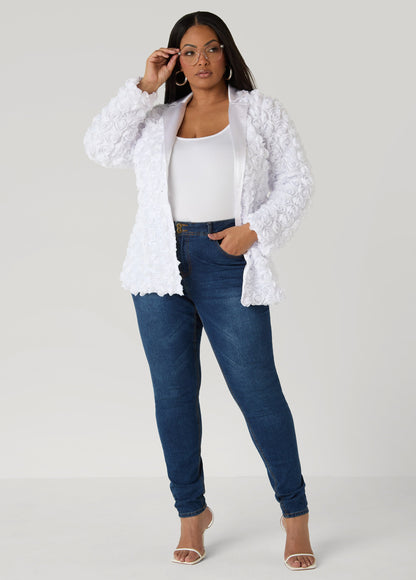 Ashley Stewart Satin Paneled Rosette Blazer White