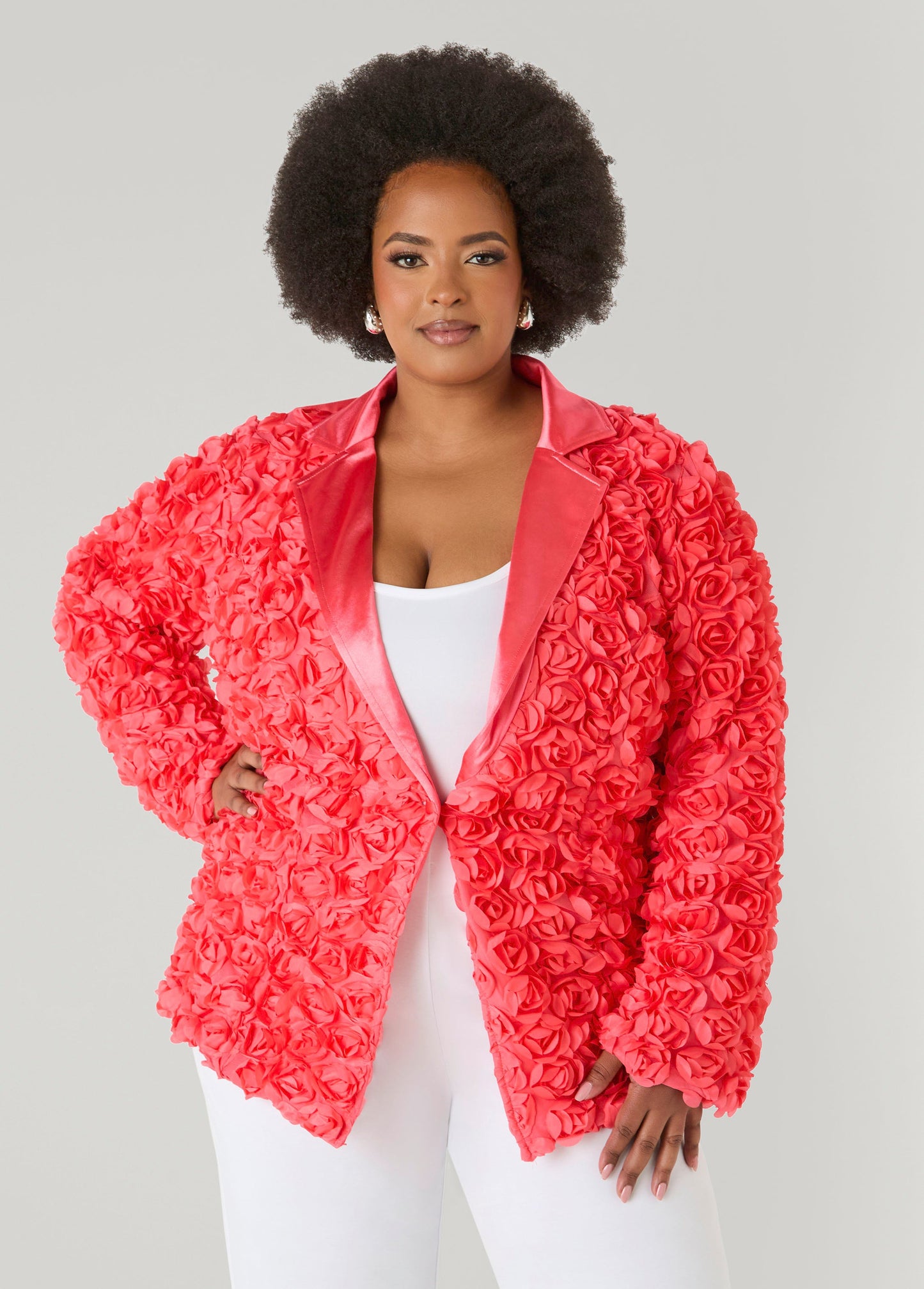 Ashley Stewart Satin Paneled Rosette Blazer White