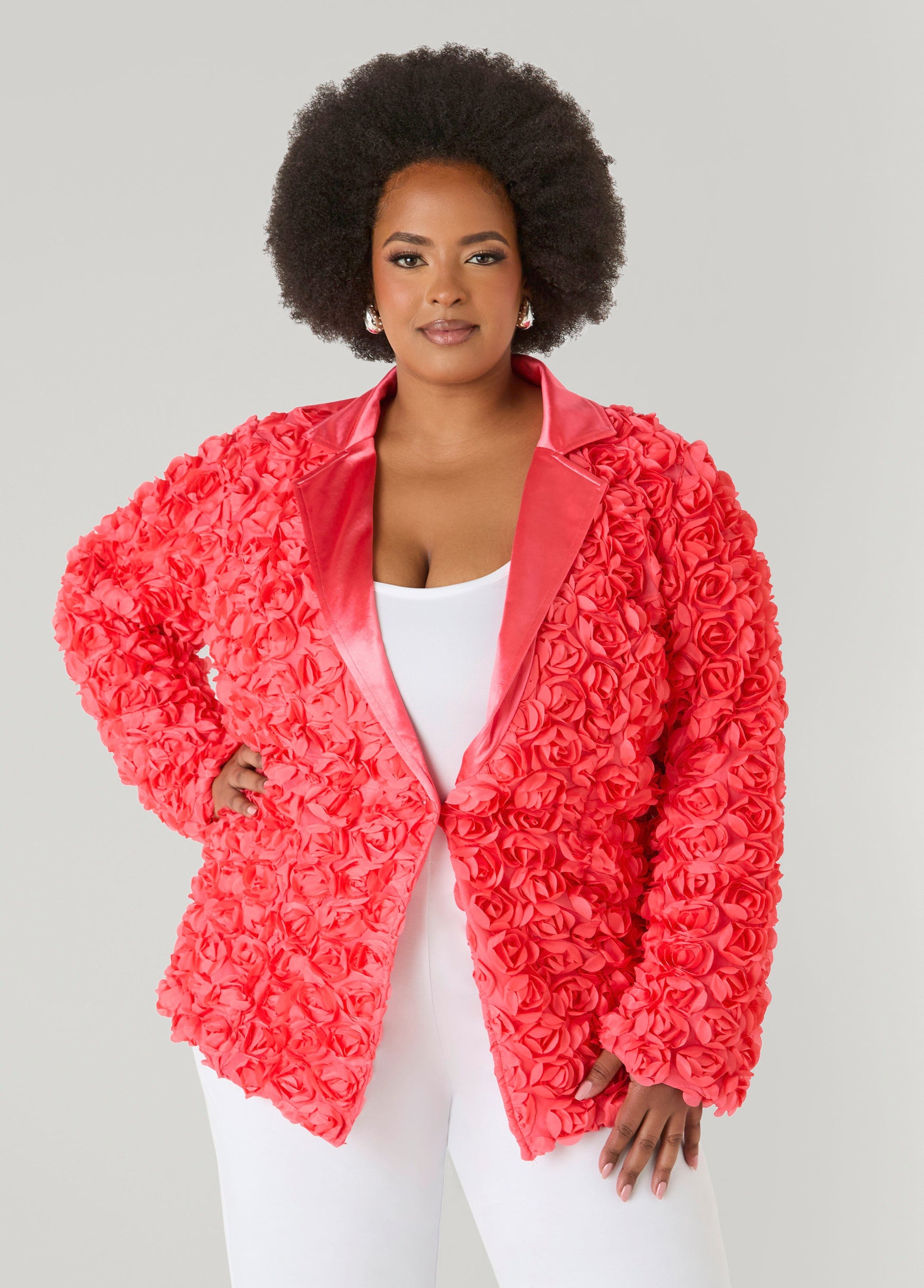 Ashley Stewart Satin Paneled Rosette Blazer White