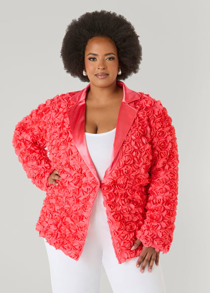 Ashley Stewart Satin Paneled Rosette Blazer White