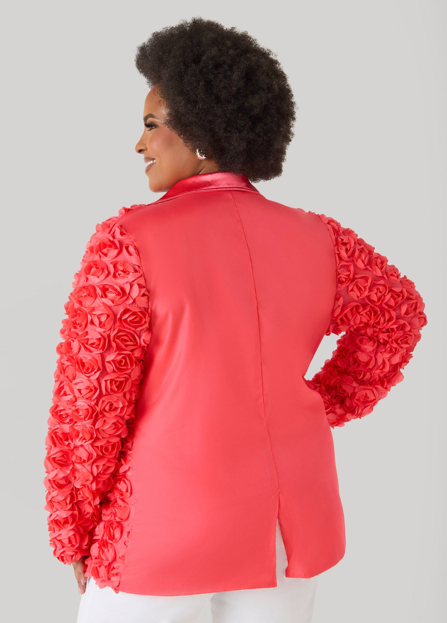 Ashley Stewart Satin Paneled Rosette Blazer White