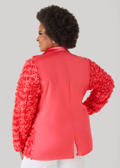 Ashley Stewart Satin Paneled Rosette Blazer White