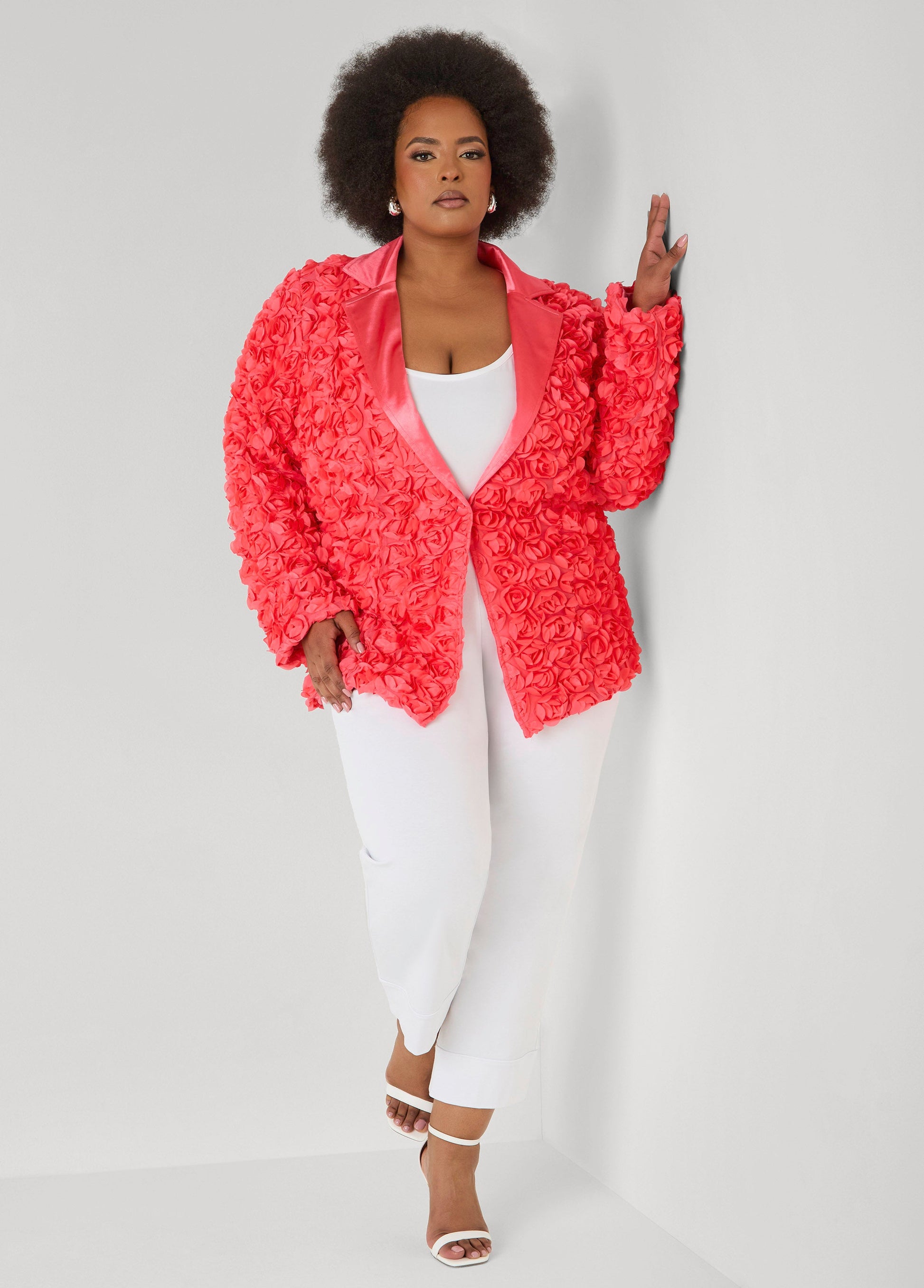 Ashley Stewart Satin Paneled Rosette Blazer White