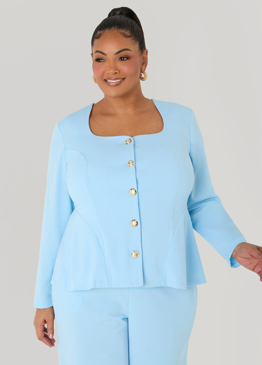 Ashley Stewart Square Neck Peplum Blazer POWDER BLUE