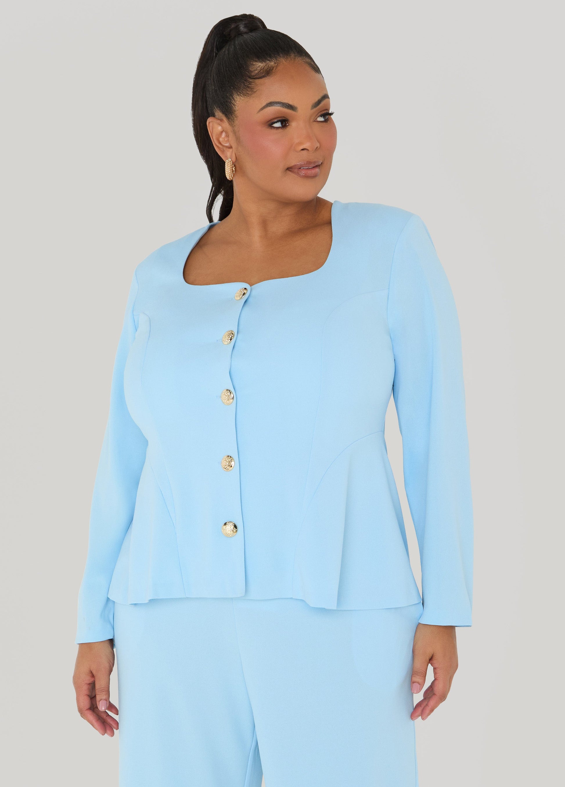 Ashley Stewart Square Neck Peplum Blazer POWDER BLUE