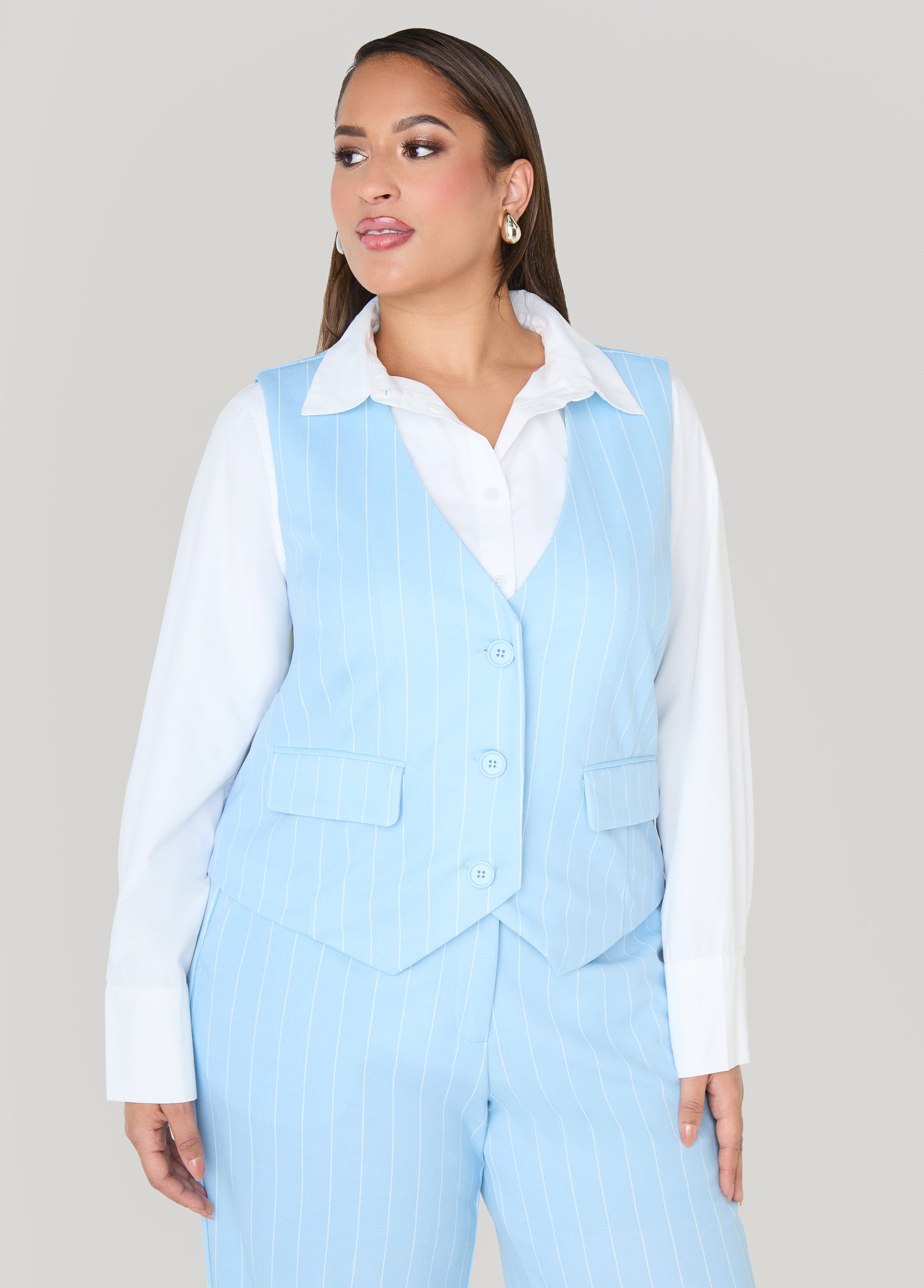 Ashley Stewart Striped Crepe Vest POWDER BLUE