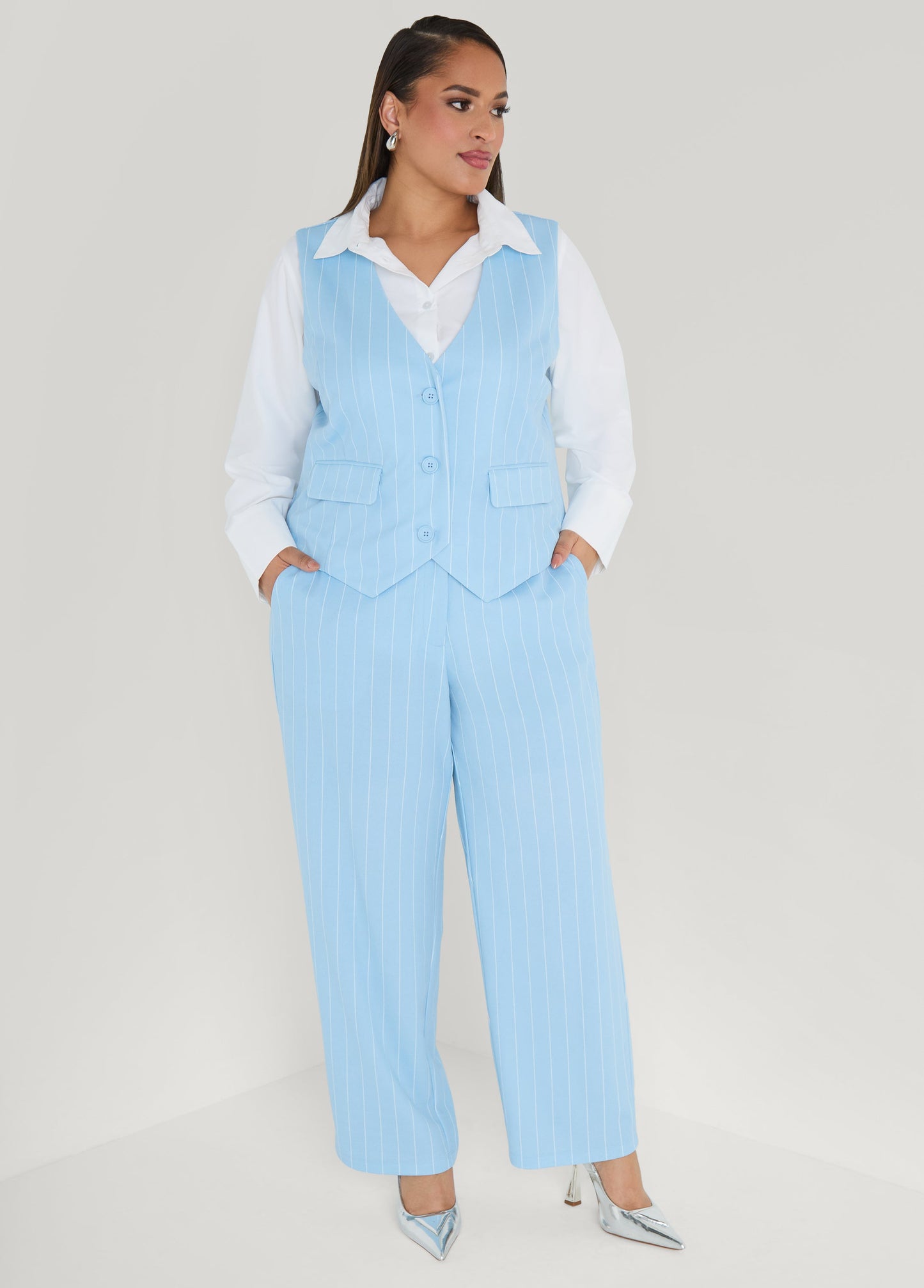 Ashley Stewart Striped Crepe Vest POWDER BLUE
