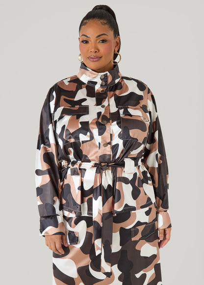 Ashley Stewart Belted Camo Print Satin Jacket Olive