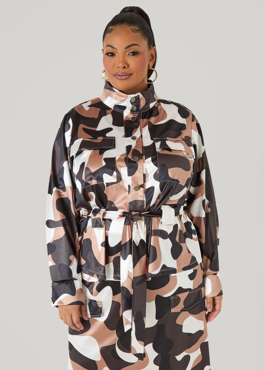 Ashley Stewart Belted Camo Print Satin Jacket Olive