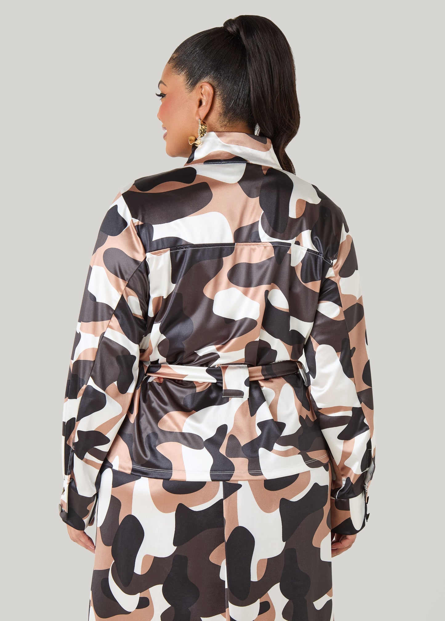 Ashley Stewart Belted Camo Print Satin Jacket Olive