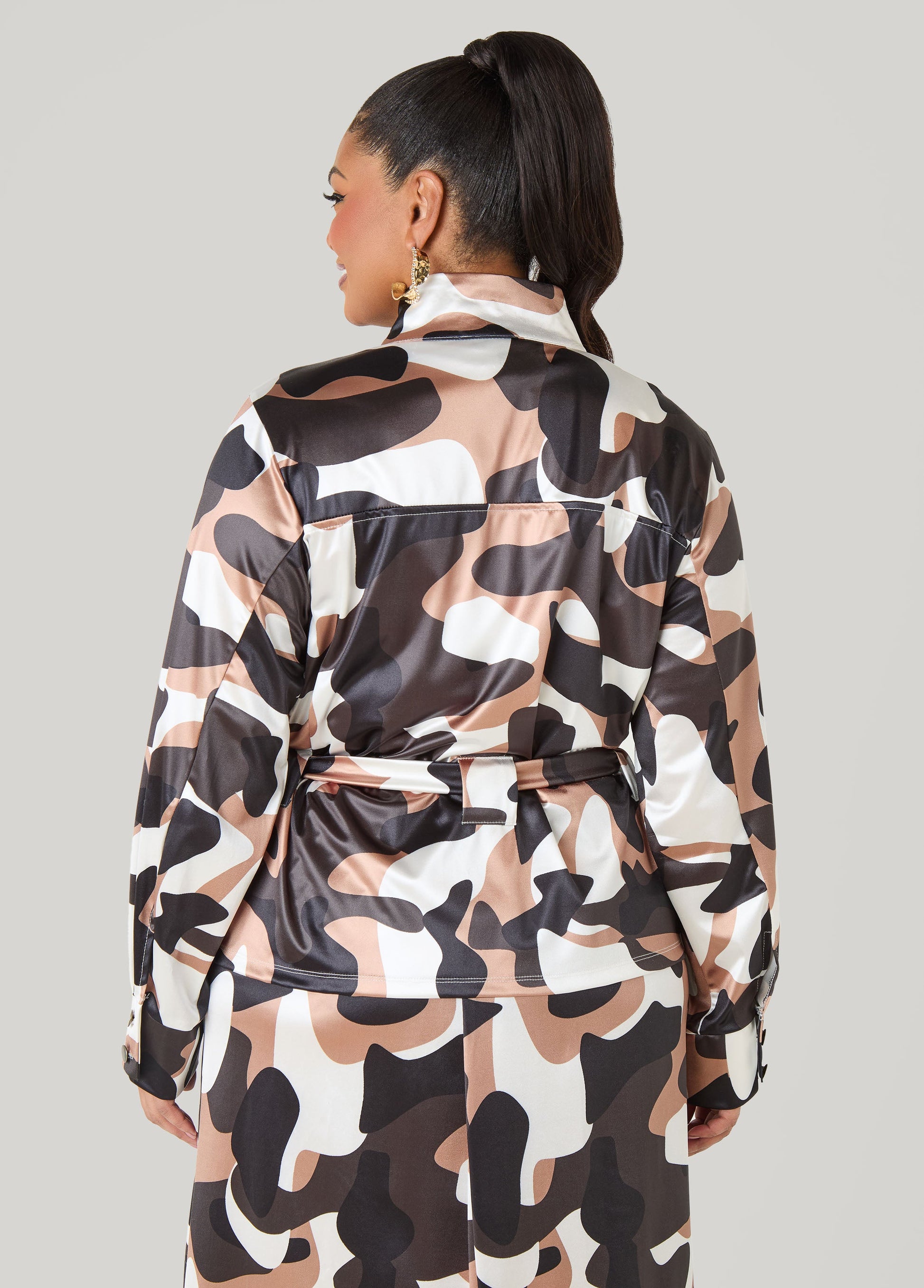 Ashley Stewart Belted Camo Print Satin Jacket Olive