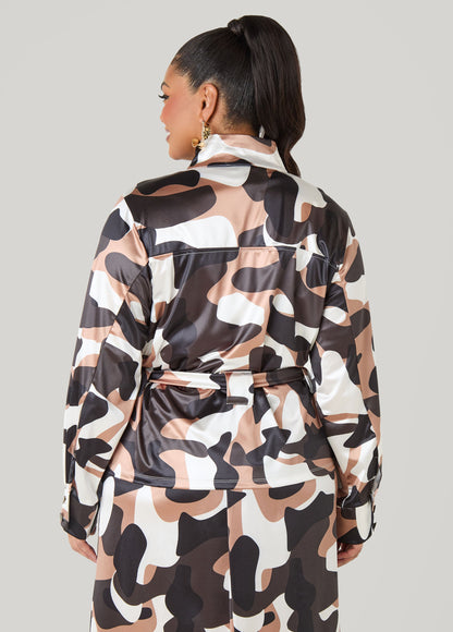 Ashley Stewart Belted Camo Print Satin Jacket Olive