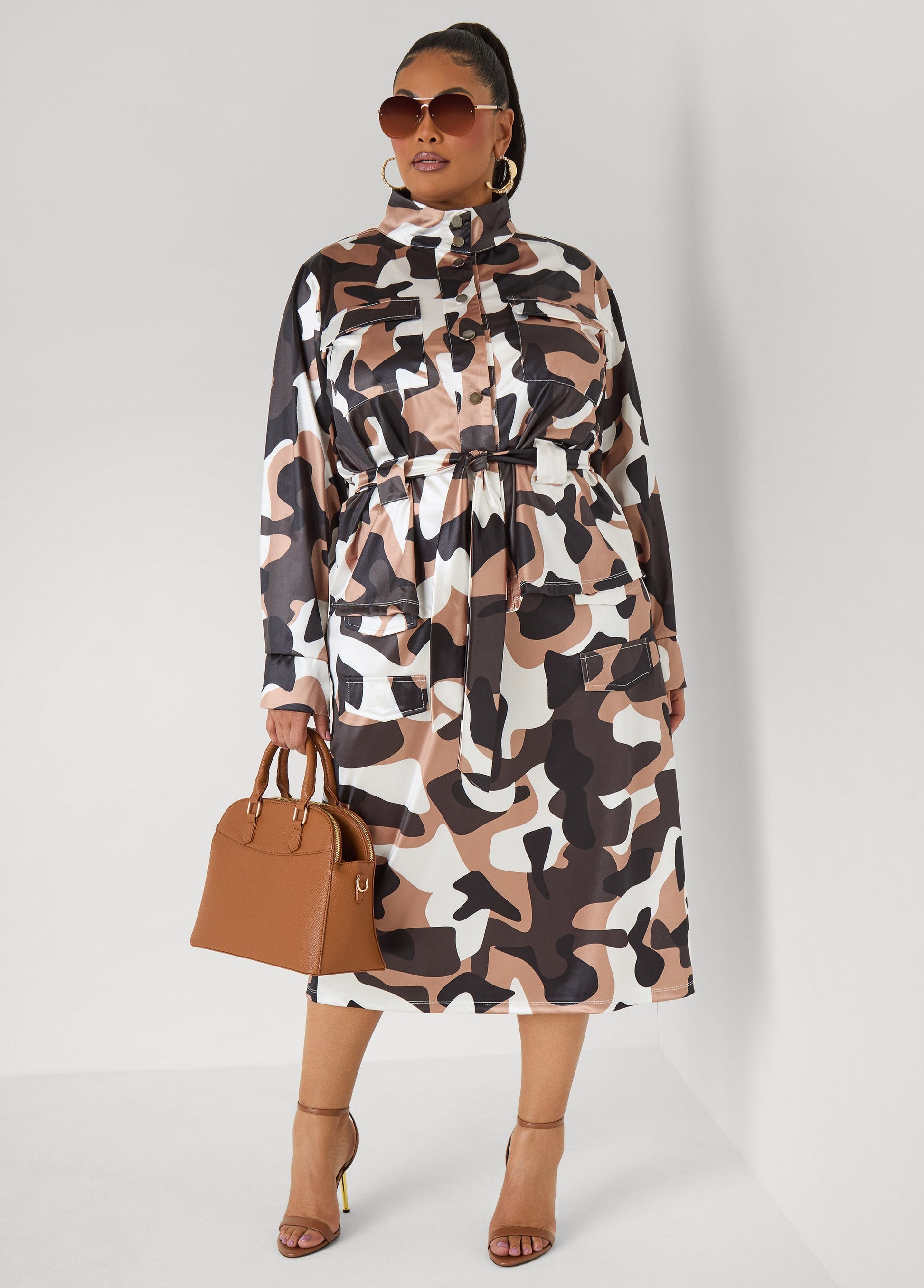 Ashley Stewart Belted Camo Print Satin Jacket Olive