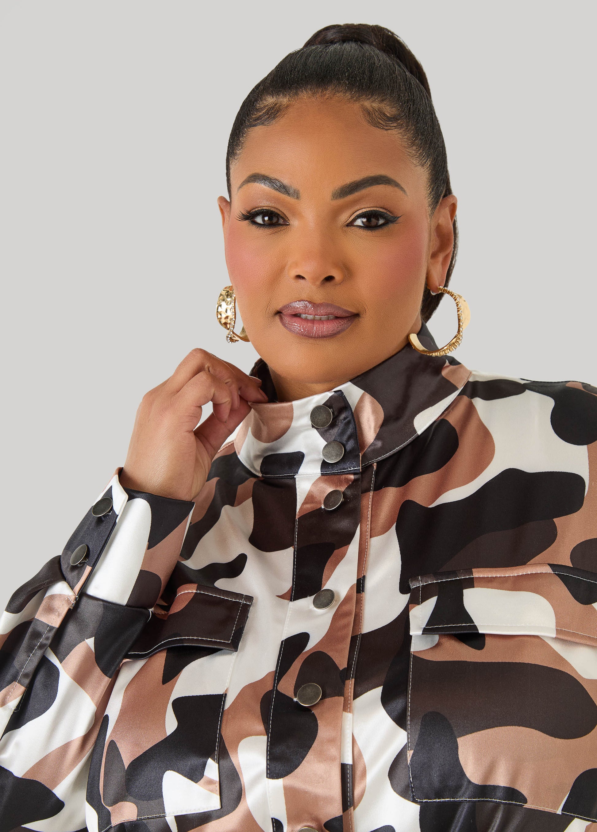 Ashley Stewart Belted Camo Print Satin Jacket Olive