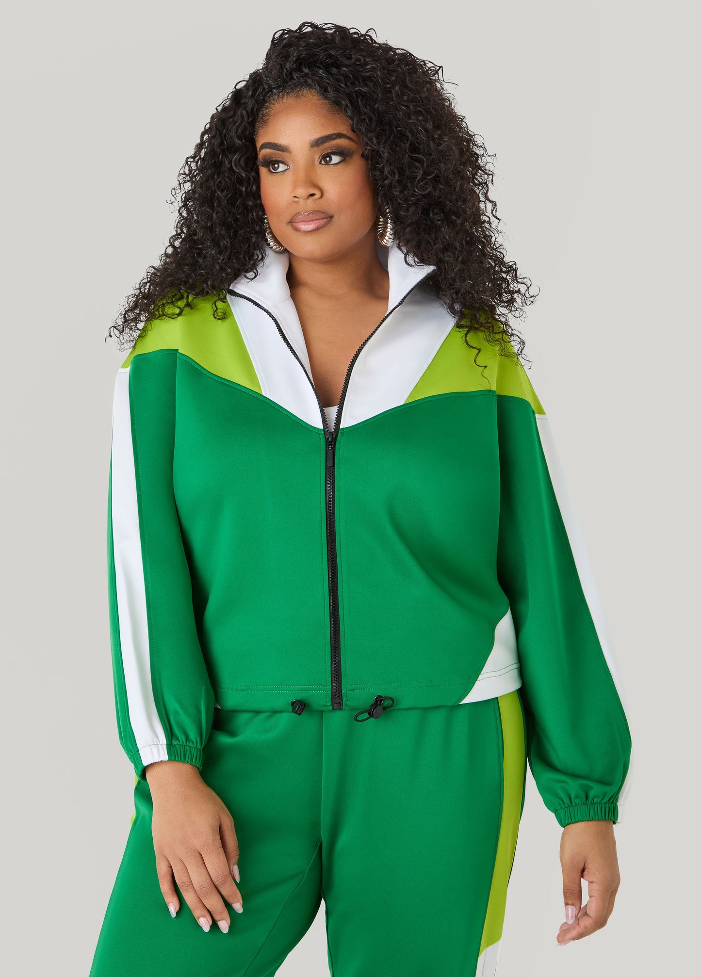 Ashley Stewart Drawstring Colorblock Track Jacket Macaw Green