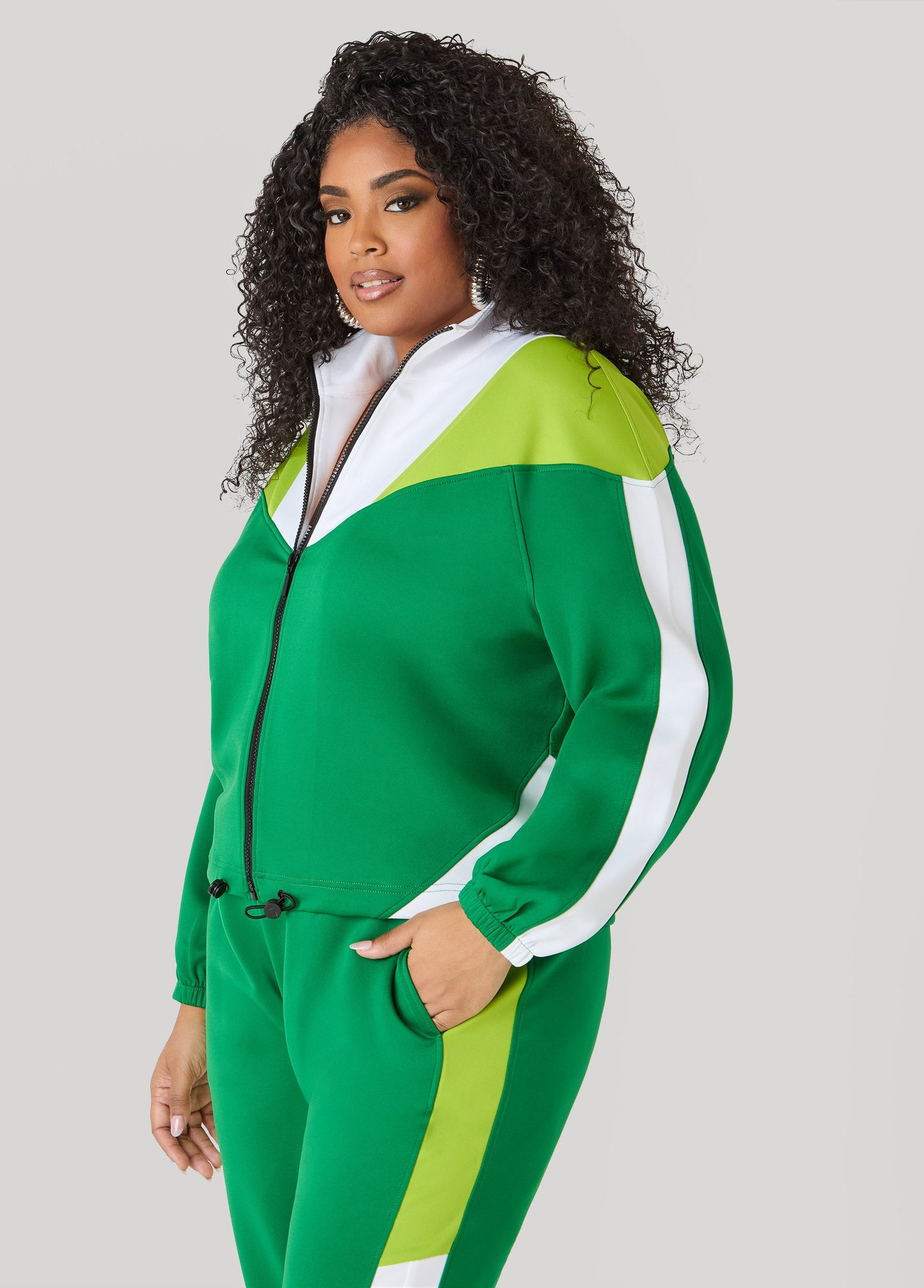 Ashley Stewart Drawstring Colorblock Track Jacket Macaw Green