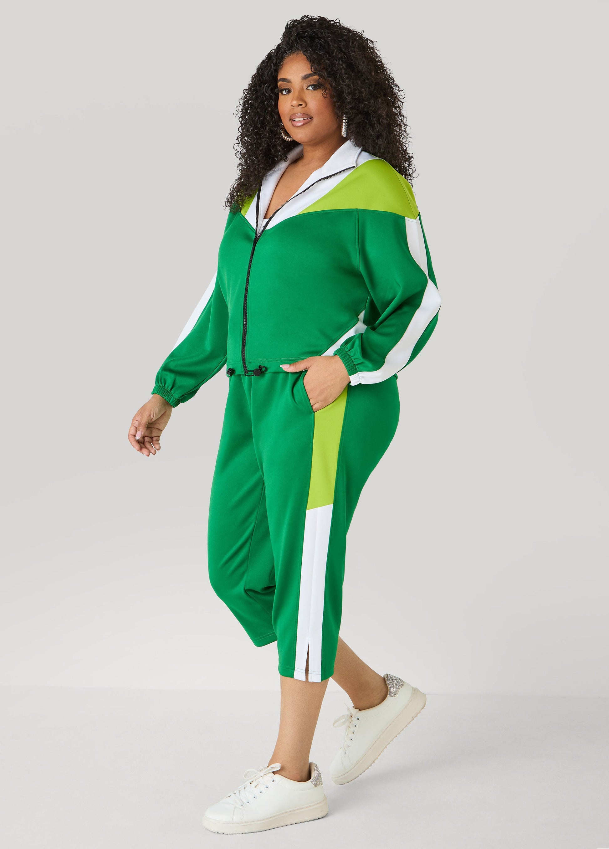 Ashley Stewart Drawstring Colorblock Track Jacket Macaw Green