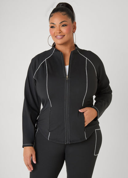 Ashley Stewart Piped Zip Front Track Jacket Black White
