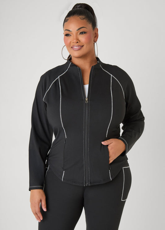 Ashley Stewart Piped Zip Front Track Jacket Black White