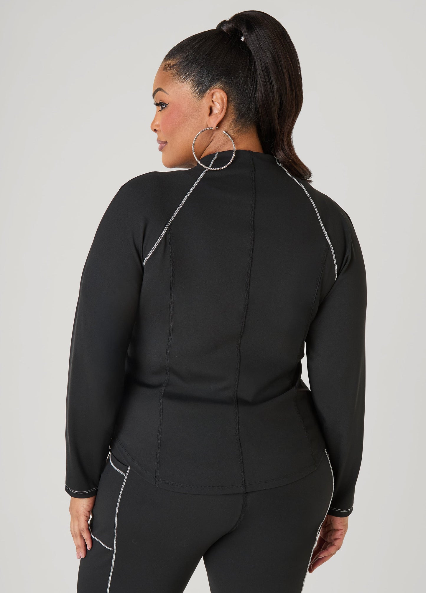 Ashley Stewart Piped Zip Front Track Jacket Black White