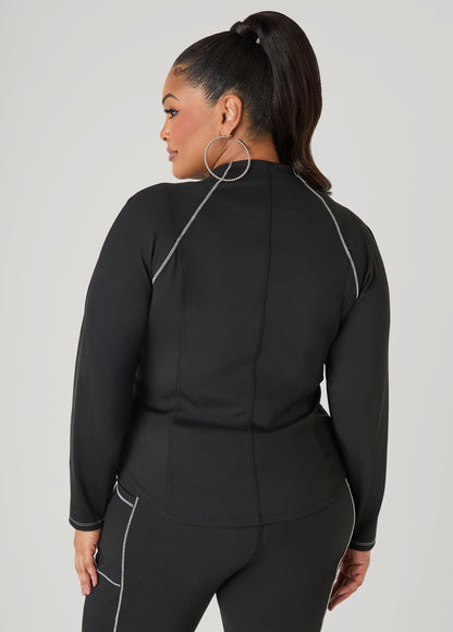 Ashley Stewart Piped Zip Front Track Jacket Black White