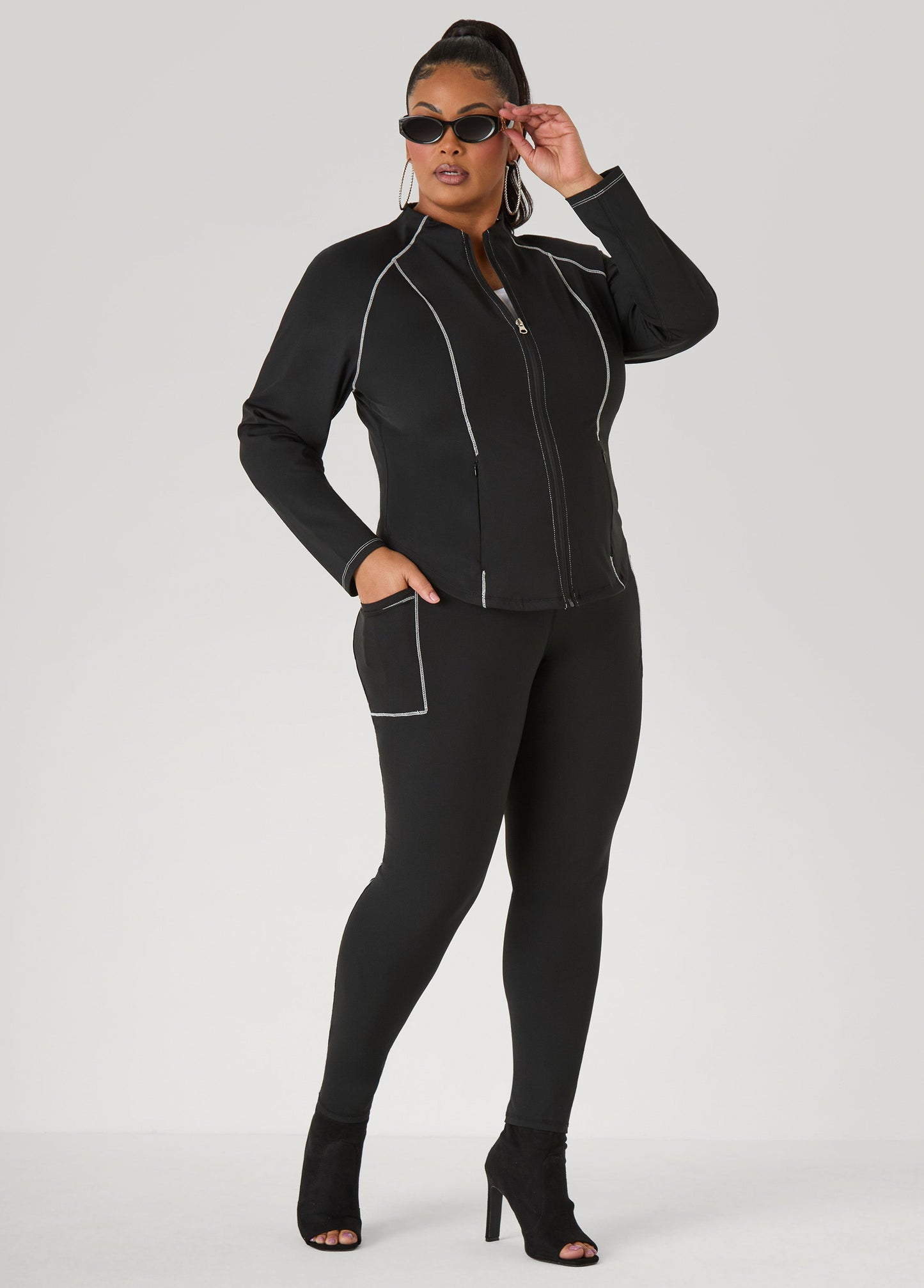Ashley Stewart Piped Zip Front Track Jacket Black White