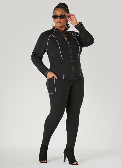 Ashley Stewart Piped Zip Front Track Jacket Black White