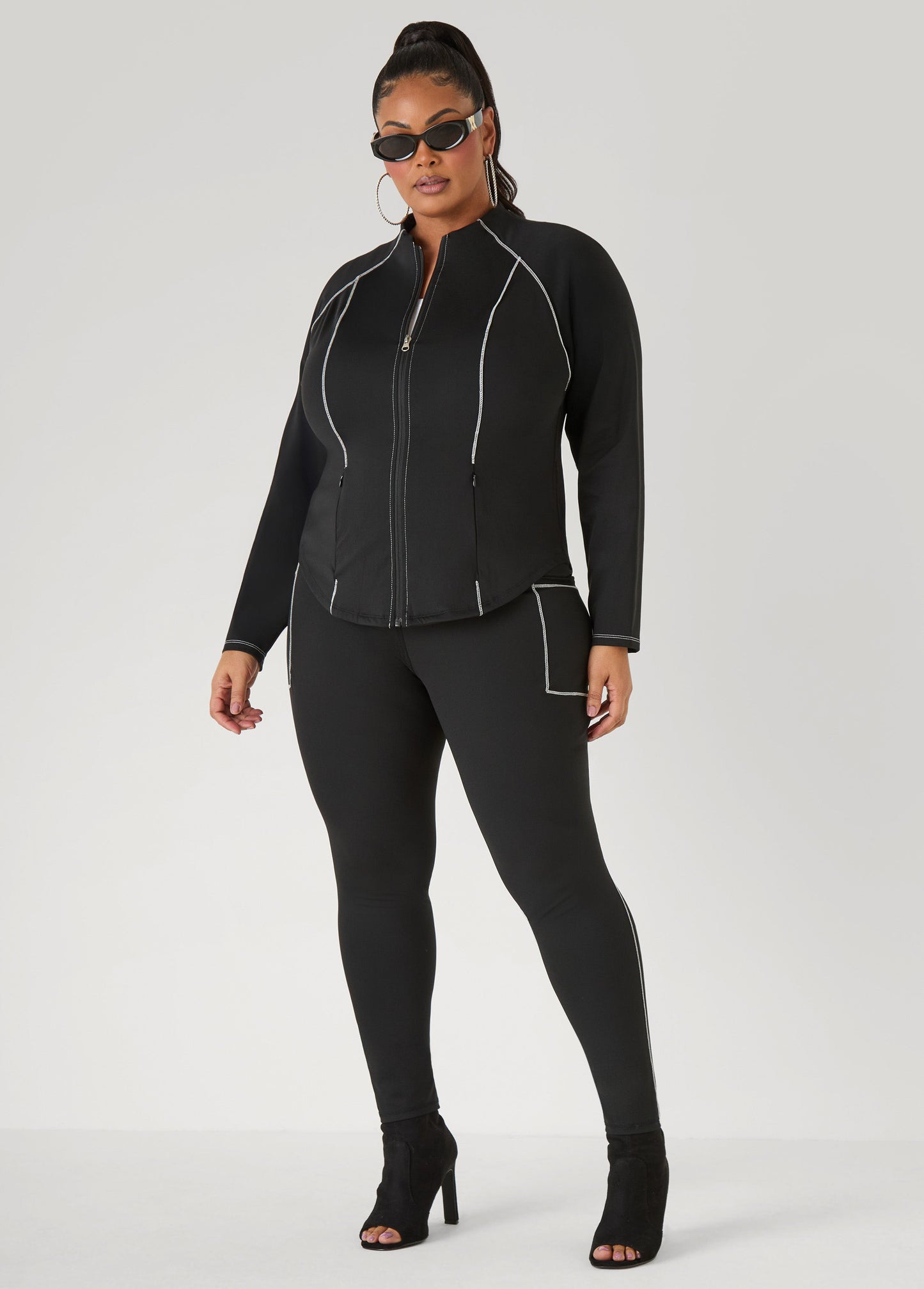 Ashley Stewart Piped Zip Front Track Jacket Black White