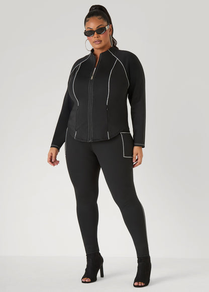Ashley Stewart Piped Zip Front Track Jacket Black White