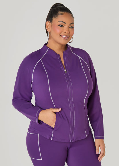 Ashley Stewart Piped Zip Front Track Jacket Black White