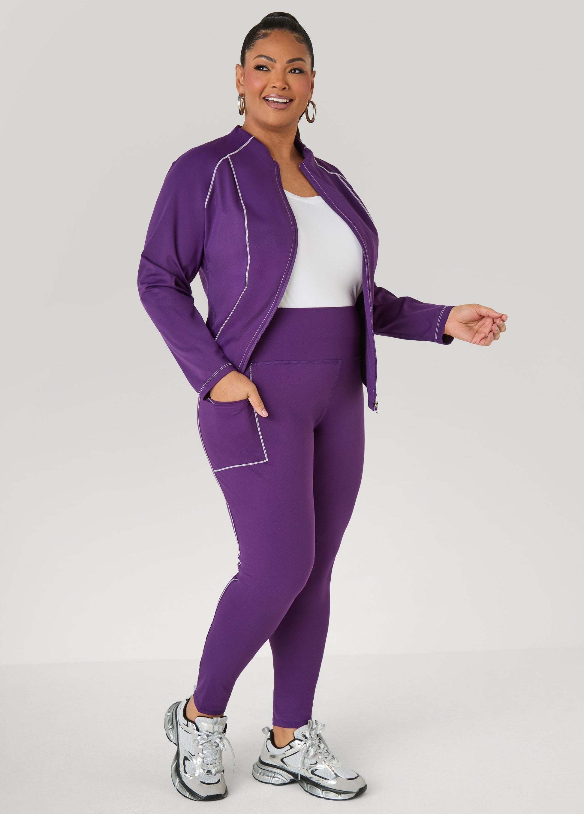 Ashley Stewart Piped Zip Front Track Jacket Black White