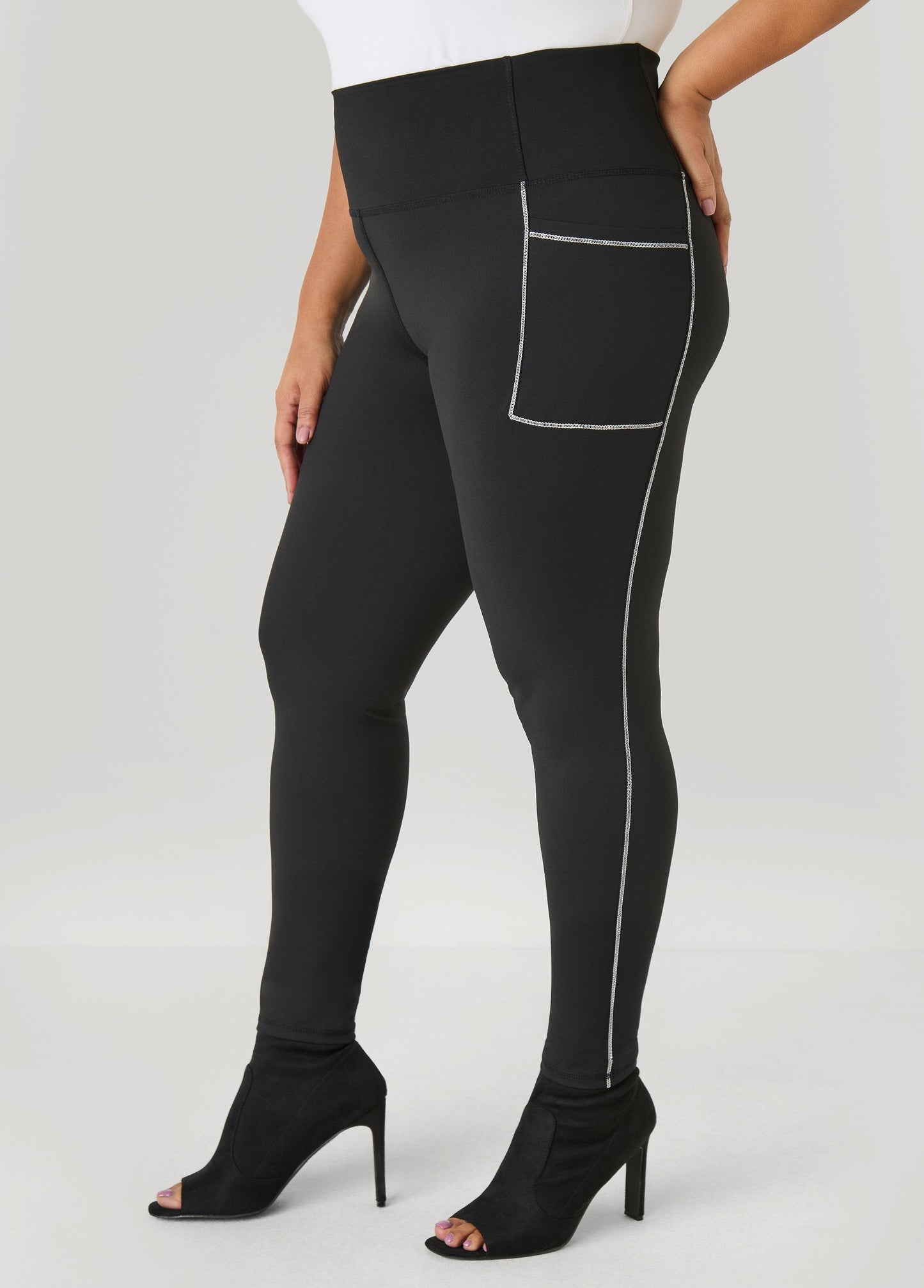 Ashley Stewart Piped High Waist Leggings Black White