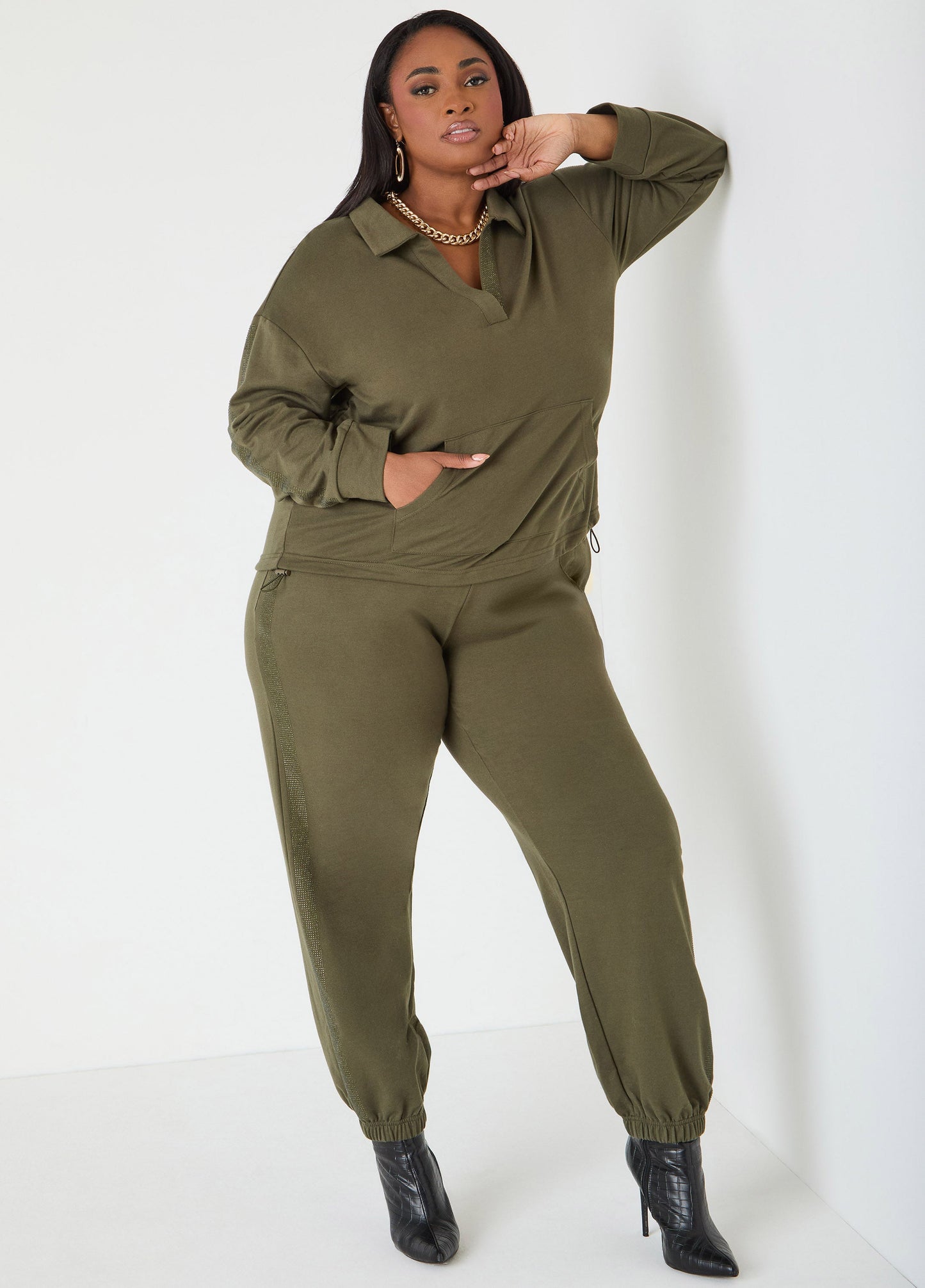 Ashley Stewart Crystal V Neck Pullover Olive Night