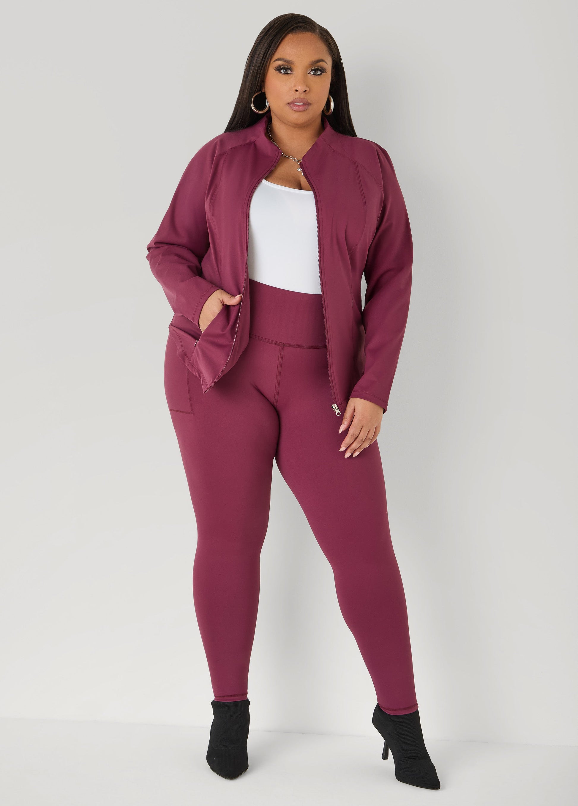 Ashley Stewart Zip Front Athletic Jacket Burgundy