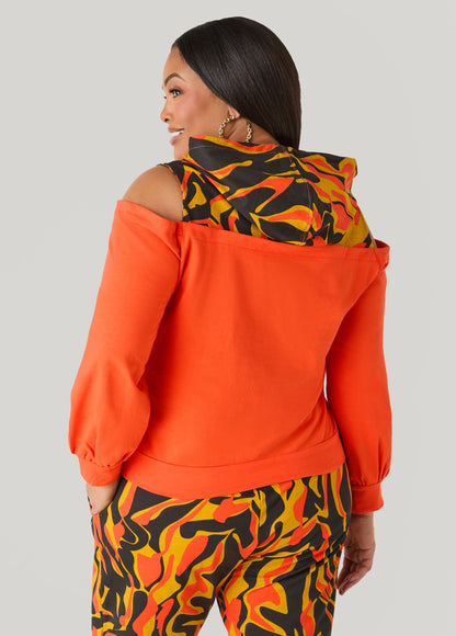 Ashley Stewart Cold Shoulder Printed Hoodie SPICY ORANGE