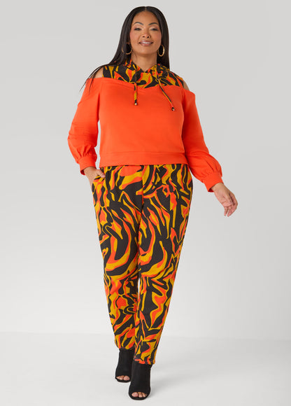 Ashley Stewart Cold Shoulder Printed Hoodie SPICY ORANGE