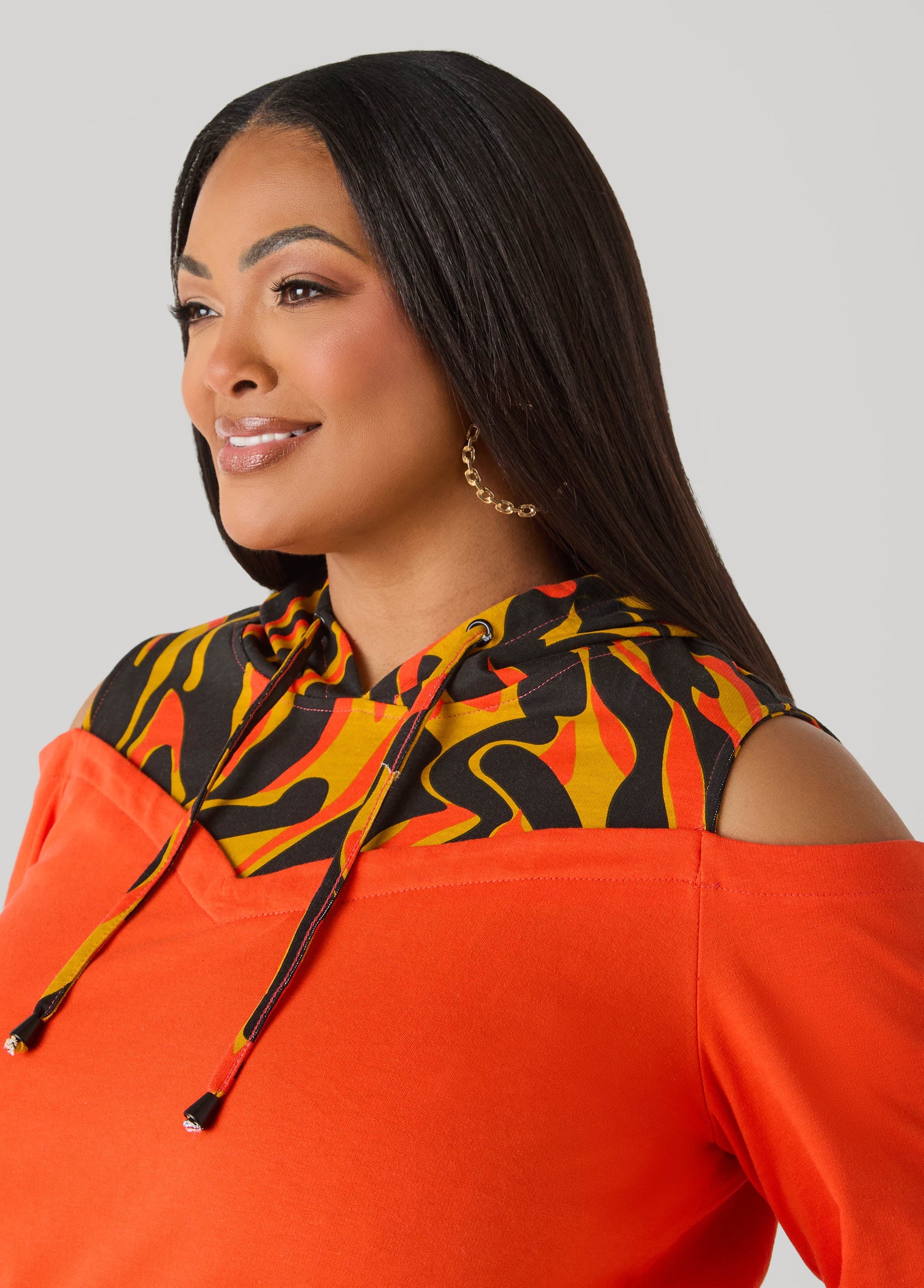 Ashley Stewart Cold Shoulder Printed Hoodie SPICY ORANGE
