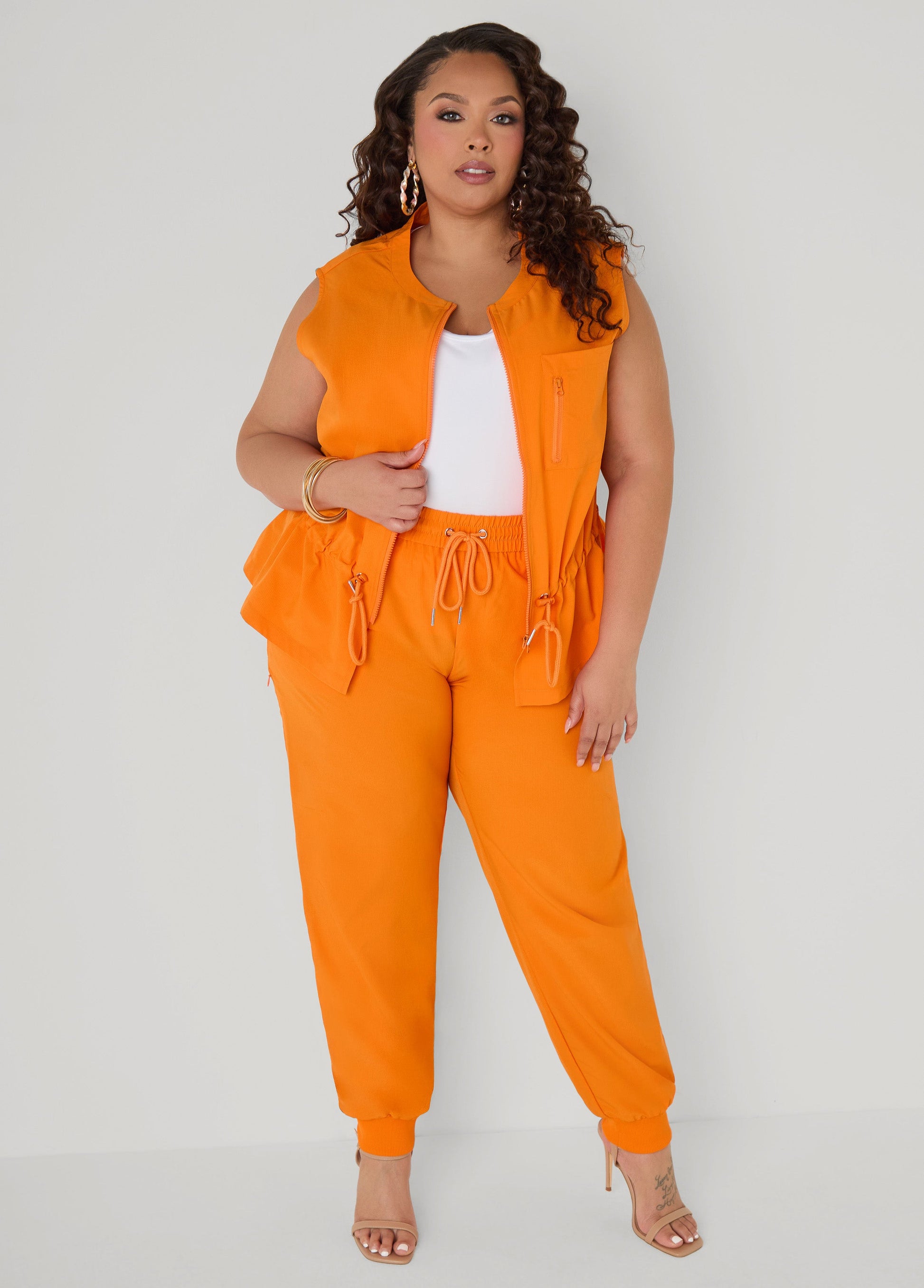 Ashley Stewart Storm Flap Drawstring Vest Persimmon Orange