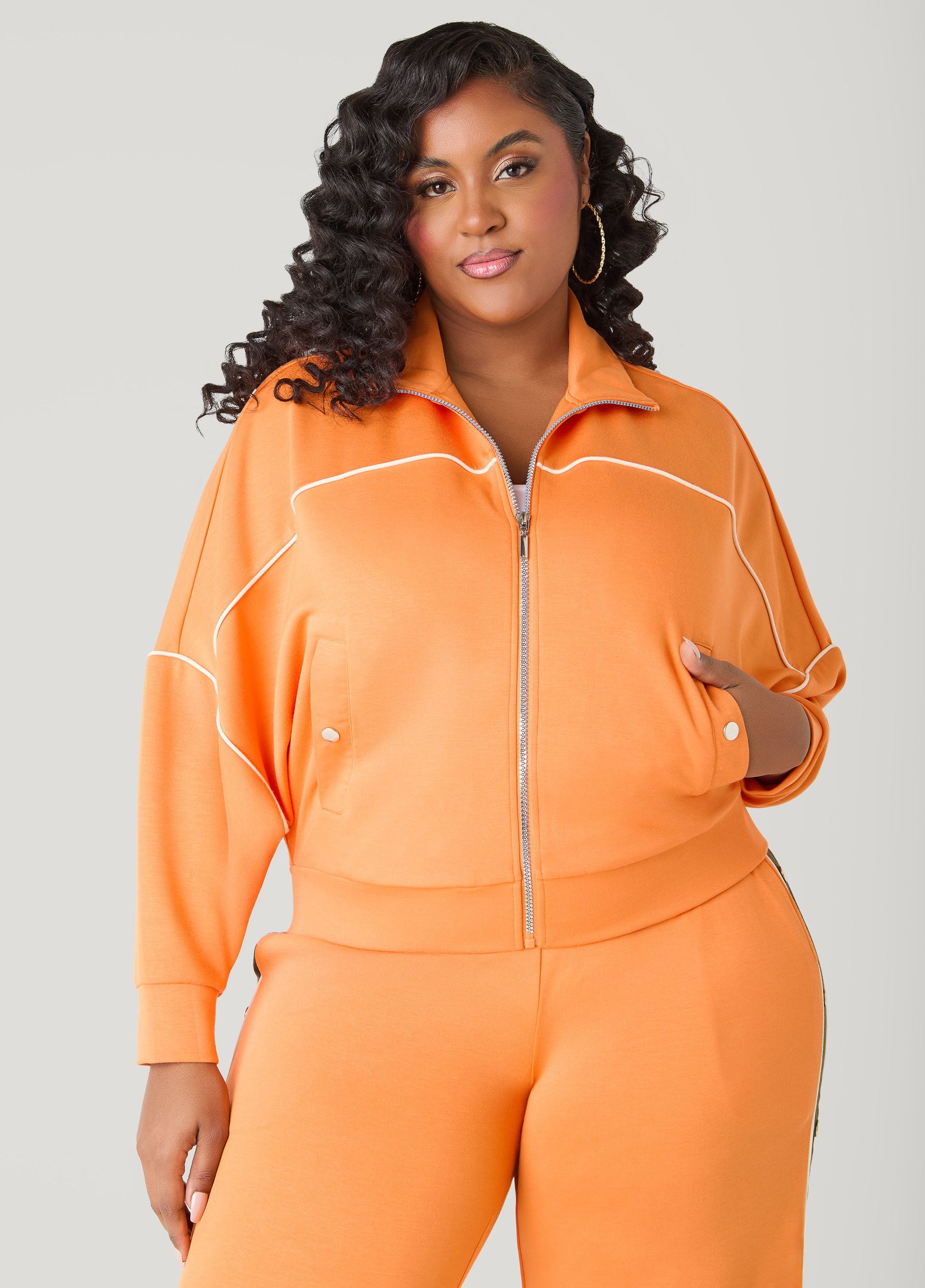 Ashley Stewart Piped Jersey Track Jacket Orange Ochre