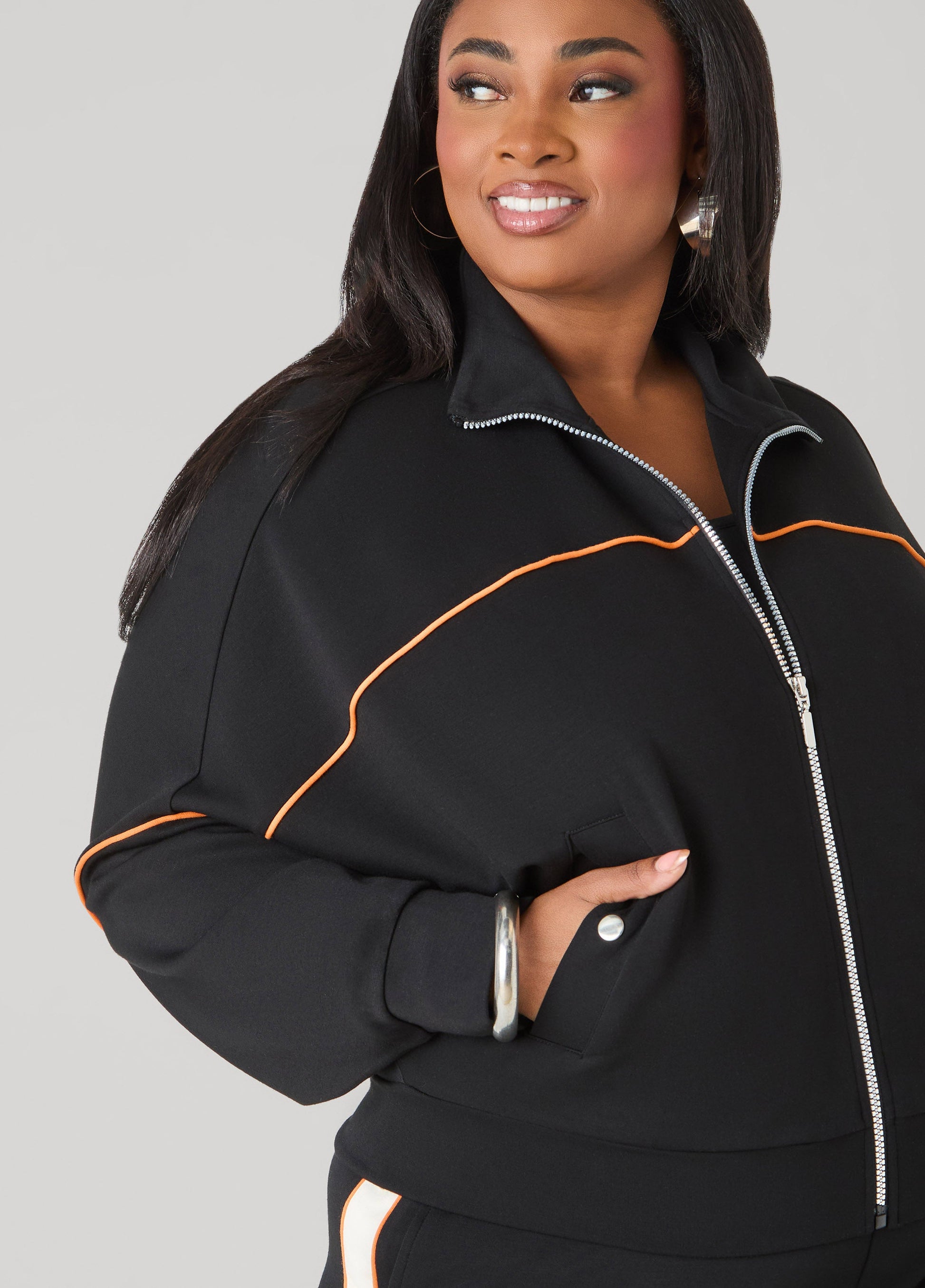 Ashley Stewart Piped Jersey Track Jacket Orange Ochre