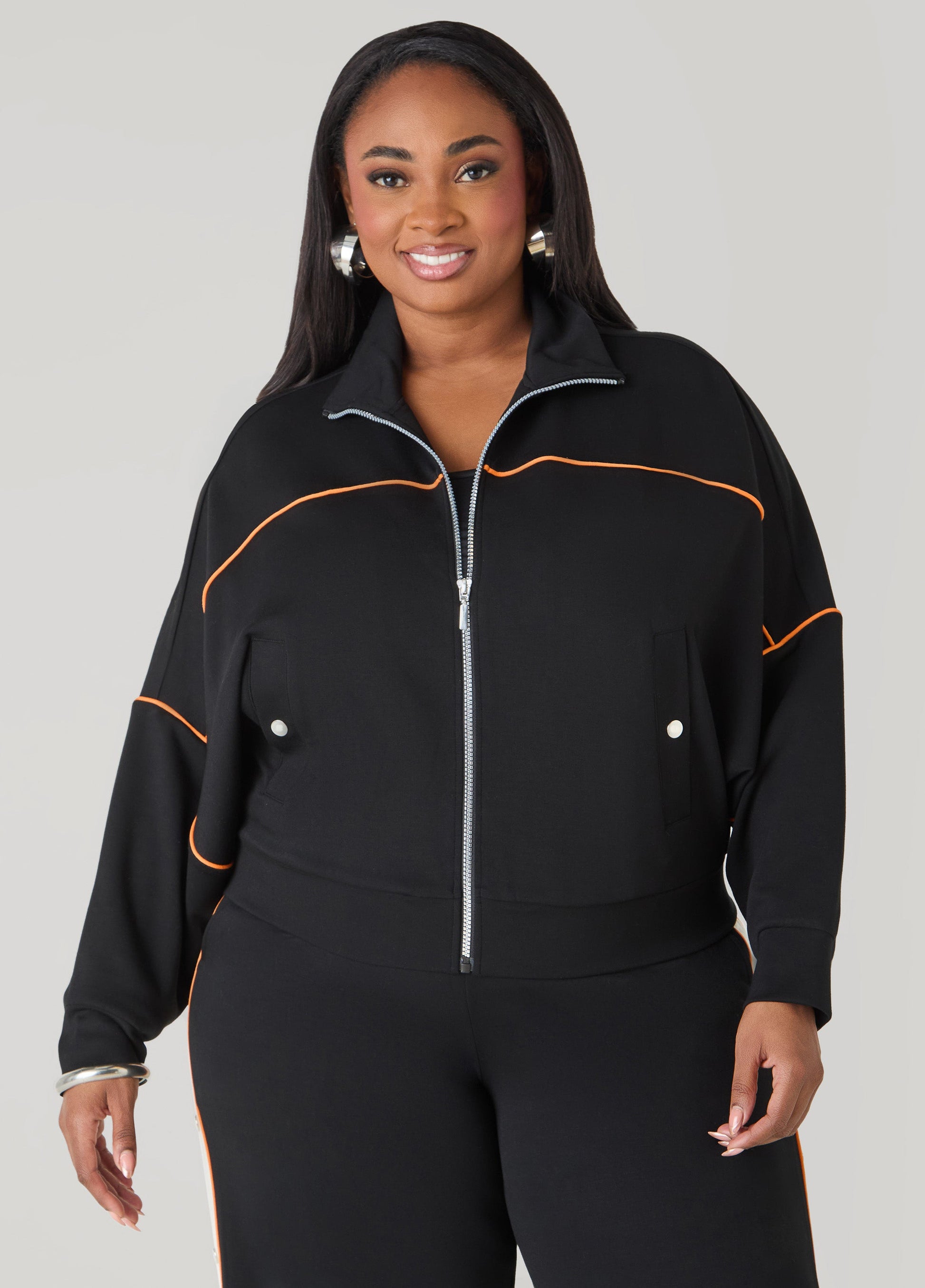 Ashley Stewart Piped Jersey Track Jacket Orange Ochre